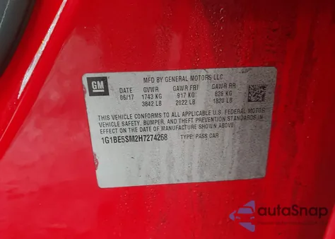 2017 Chevrolet Cruze Lt Auto из США, поврежденный, VIN 1G1BE5SM2H7274268